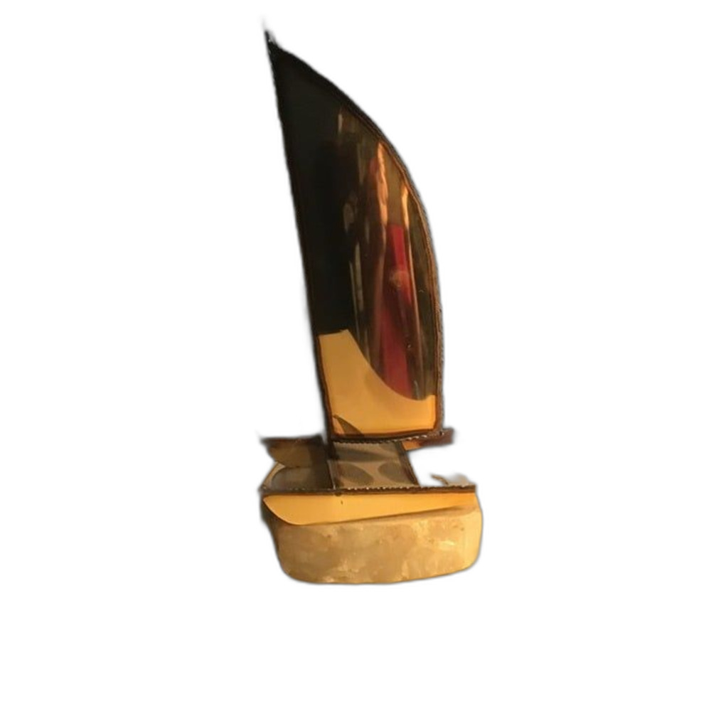 Vintage MCM Brutalist Brass Sailboat Sculpture on Onyx Stone Base Signed DeMott